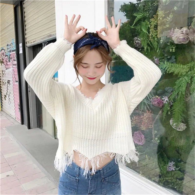 

Autumn Women Sweater Loose Pullover V-Neck Solid Color Irregular Knitted 2019 Spring Long Sleeve Casual Sweater Women Top XIN273
