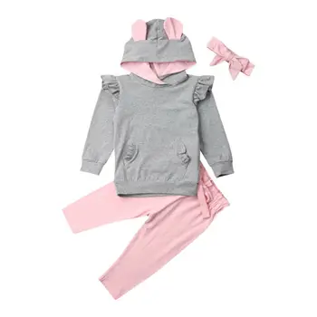 

3PCS Set Cute Newborn Baby Girl Long Sleeve Hooded Tops Long Pant Legging Headband Outfits Autumn Clothes