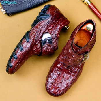 

QYFCIOUFU Genuine Leather Ankle Booties Mens Alligator Skin Boots Fashion Leather Shoes HOOK Casual Dress Short Boot For Man