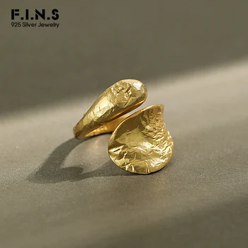 

F.I.N.S Korean Unique S925 Sterling Silver Ring Concave Convex Foil Paper Pattern Wide Finger Rings for Women Statement Jewelry