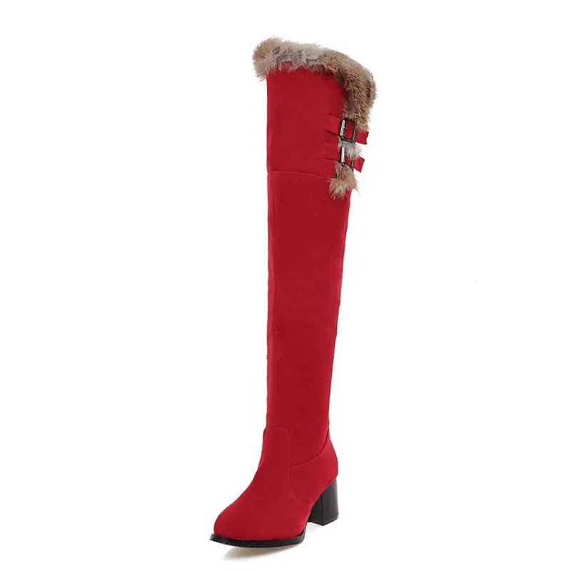 KemeKiss Warm Winter Over Knee High Women Boots Fur Thick Heel Platform Work Shoes Women Sexy Female High heels Size 33-47 - Цвет: Красный