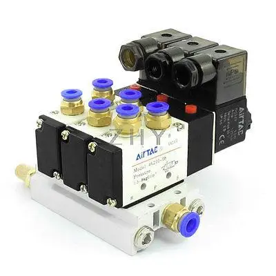 

4V210-08 DC 24V 5 Way Triple Solenoid Valve Mufflers Quick Fittings Base Set