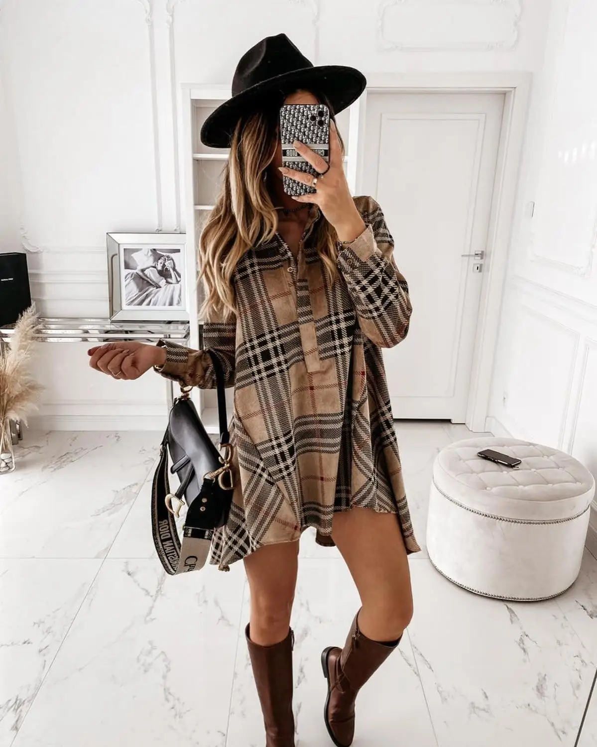 Elegant Turn-down Collar Button Shirt Dress Women 2021 Spring Plaid Print Irregular Party Dress Autumn Long Sleeve Mini Dresses