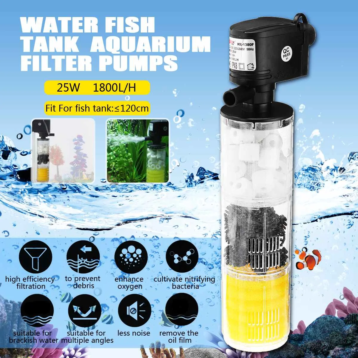 

3 in 1 Aquarium Internal Filter Aquarium Pump Aquarium Filter Fish Tank Filter For Aquarium Air Pump Air Oxygen Increase EU Plug