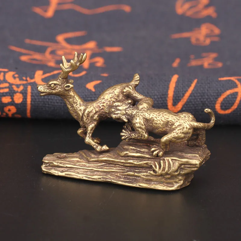 Pure Copper Tiger King Catching Deer Small Ornament Antique Bronze Animal World Miniatures Figurines Table Decorations Crafts | Дом и сад