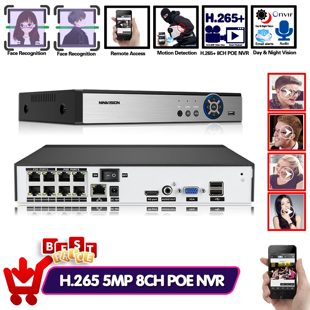 Face Detection&Playback H.265 8CH 5MP NVR POE 8 Channel Surveillance Video Recorder Security Camera System CCTV Onvif