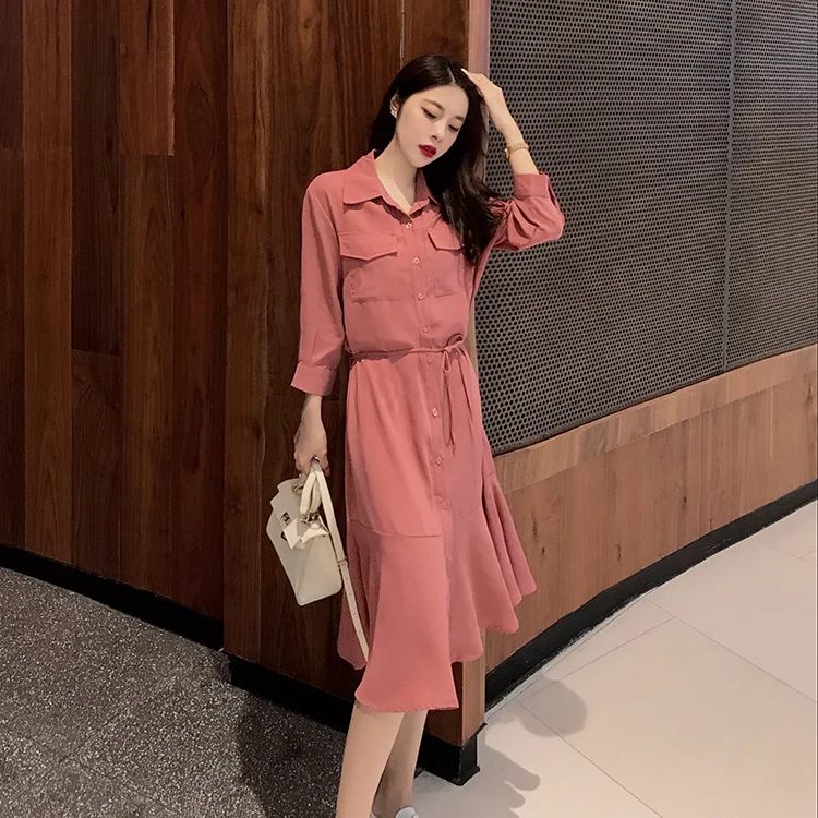 Осенне-весеннее женское платье-рубашка корейское шикарное с отложным воротником негабаритное элегантное платье миди кружевное черное платье в виде раструба