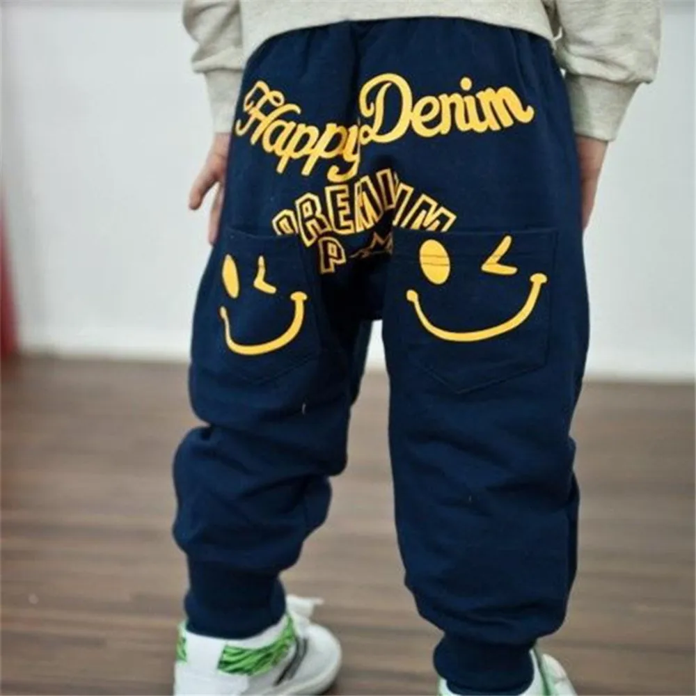 Dark blue Binbi Bear/ г. Весенние мужские и женские штаны с карманами, детские шаровары со смайликами повседневные штаны для мальчиков и девочек - Цвет: Dark blue