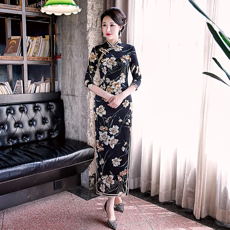 

Black Vintage Chinese Traditional Mandarin Collar Classic Qipao Novelty Print Flower Women Dress Sexy Slim Long Vestidos 3XL