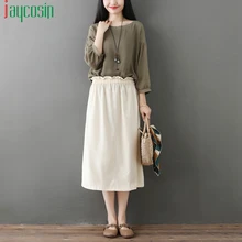 Свободная Женская юбка из хлопка и льна, дышащая однотонная Повседневная Женская юбка, модная эластичная лента с карманами размера плюс, вечерние пляжные юбки