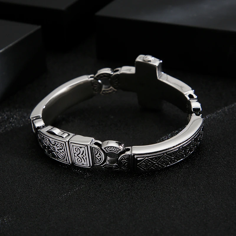 Fongten Cross Charms Bangle For Men Stainless Steel Heavy Mens Bangle Bracelets Male Retro Rune Silver Color Jewelry Armband