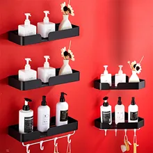 Shelf Rack Aluminium Shelf With Hooks Shower Shelves Holder Wall Mounted Kitchen Storage Rack Balck Color Bathroom Accessories