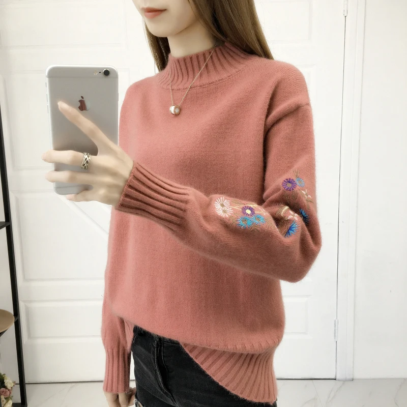 Цена женский вязаный свитер с цветочной вышивкой SURMIITRO, половина водолазки, синий цвет длинного рукава джемпер в корейском стиле для женщин осен...