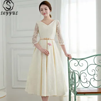 

Skyyue Bridesmaid Dresses V-Neck Half Sleeve Bridesmaid Dresses Short Creme Floral Print Lace Robe Demoiselle D Honneur H189