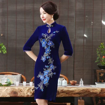 

Cheongsam Dress Young Lady Mandarin Collar Sexy Traditional Chinese Dresses Vintage Button Velour Modern Qipao Retro Vestidos