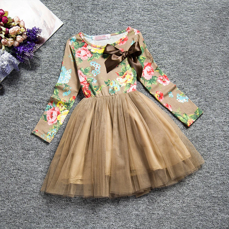 

Children's Dress 2019 Korean Style Spring and Autumn Long-sleeved Round Neck Flower Print Casual Princess Dress with Bow-knot