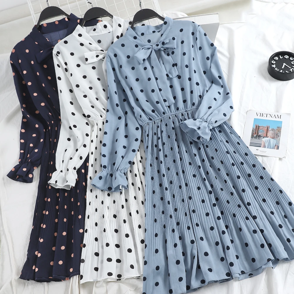 

Spring Women Polka Dots Dress Bow Knot Collar Elegant Vintage Dress Women Fashion Dots Pleated Dress Blue Black White