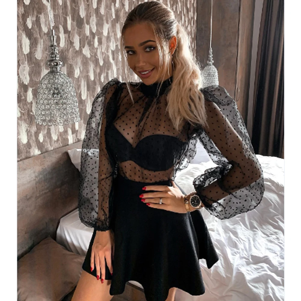 Summer Sexy Women Polka Dot Mesh Sheer See-through Tops Bikini Cover-Ups Puff Long Sleeve Tops Blouse Shirts Beachwear Loose Top