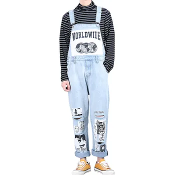 

KIOVNO Men's Ripped Pleated Jeans Jumpsuits Soodle Painted Loose Denim Bib Overalls For Male Streetwear