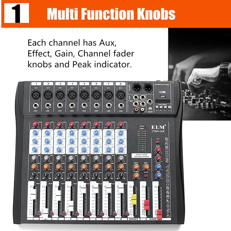 

CT80S 8 Channel Live Studio 48V Phantom Audio Mixer Mixing Console for DJ KTV Karaoke