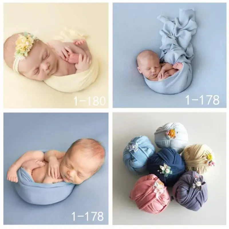 2Pcs/Set Newborn Photography Props Elastic Baby Wraps Linen Blanket with Hat Infant Toddlers Photo Shooting Accessories 5 Colors