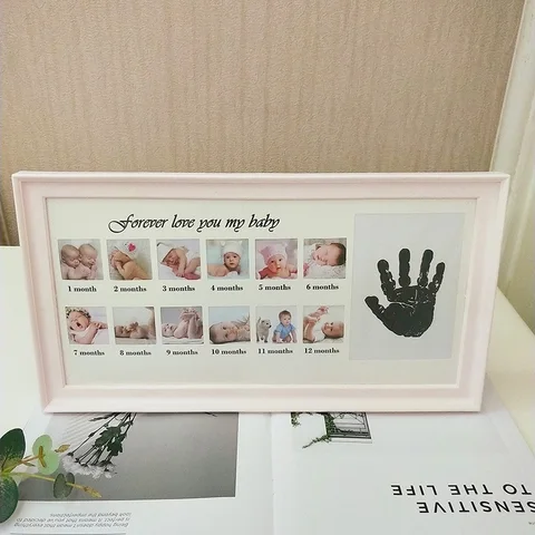Baby Photo Frame 12 Month Growing Souvenir Photo Frame with Baby Handprint Footprint Ink Pad Imprint Baby Frame Souvenir