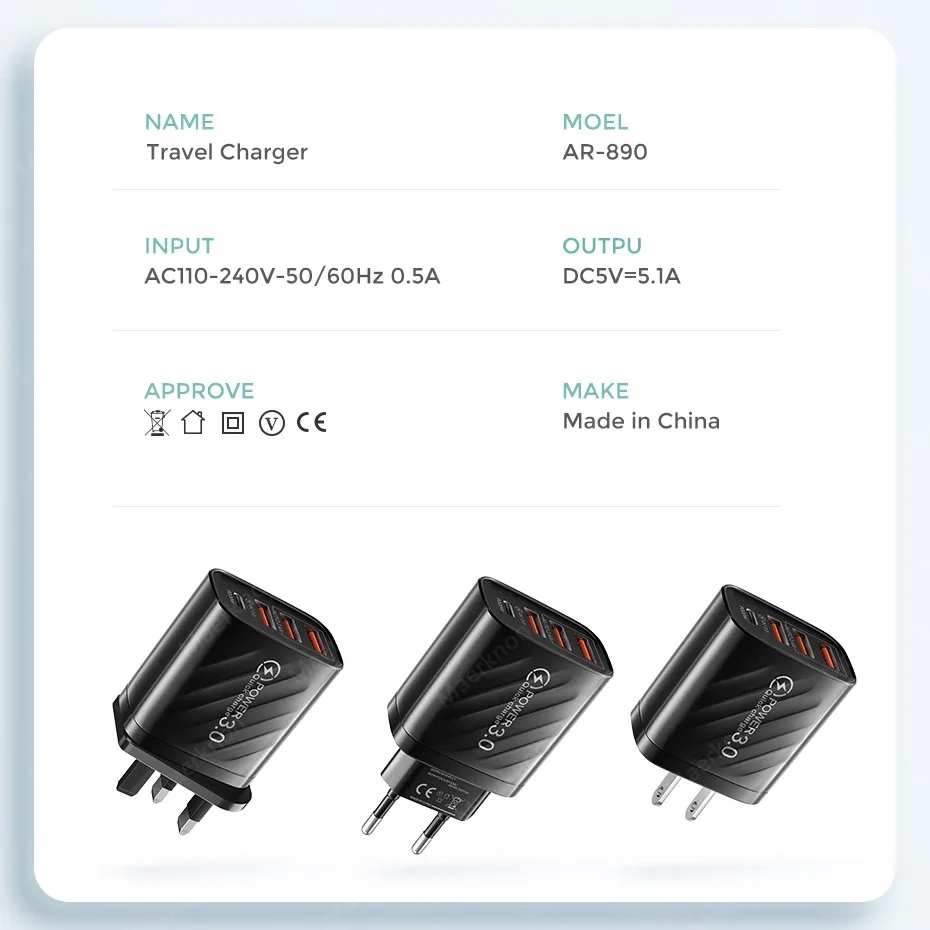 48W USB Charger 4Port Type C Quick Charge QC 3.0 For Samsung Xiaomi mi10 Huawei Charger adapter For Smartphones PD Fast Charging 65 watt car charger
