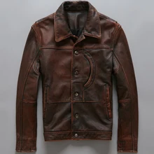 Винтажный Коричневый Мужской умный Повседневный Кожаный Пиджак однобортный размера плюс XXXL из натуральной воловьей кожи Русские Пальто