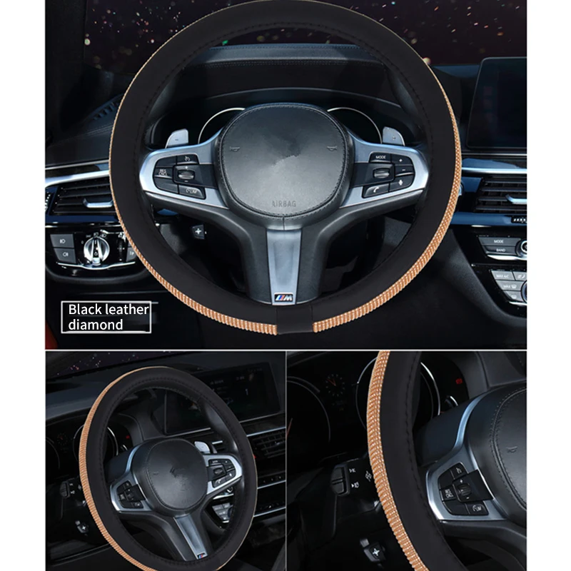 Универсальные роскошные кристаллы алмаза крышка рулевого колеса автомобиля с украшение из искусственной кожи Bling Rhinestone покрытые крышки рулевого колеса - Название цвета: black gold diamond