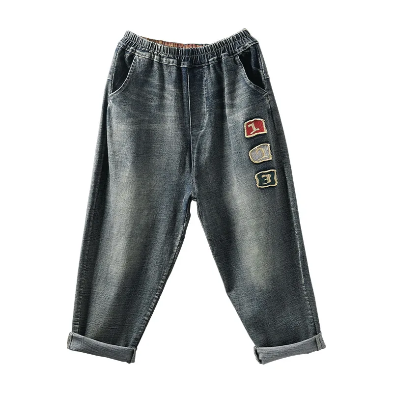 Retro Loose Fall Elastic Jeans Bottom Pants Embroidery Pants Boyfriend Jeans for Women Plus Size Jeans Elastic Waist