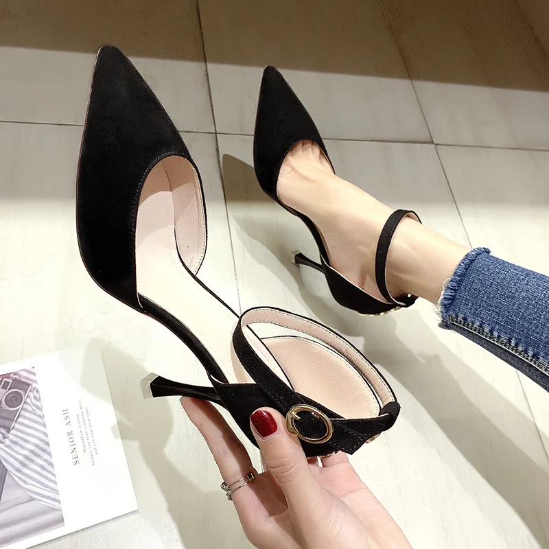 

1968-15 Pointed-Toe Thin Heeled Shoes Women's Spring And Autumn 2019 New Style Versatile Sexy Low-Cut Straight-line Buckle High