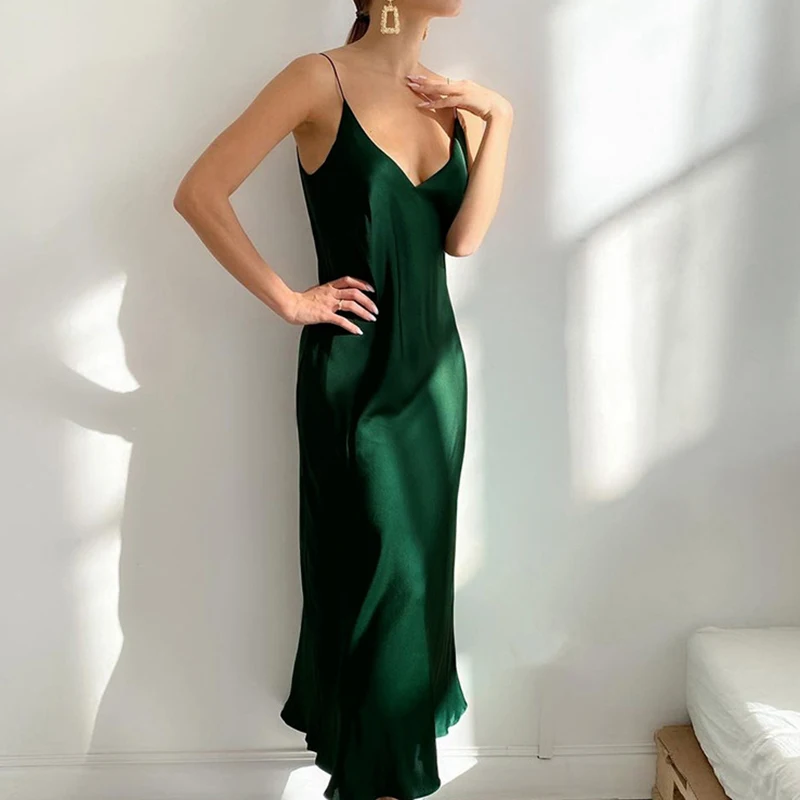 

Unireal 2023 Summer Women Satin Slip Dress Spaghetti Strap Vintage Green Black Silk Sexy Long Party Dress