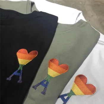 

Rainbow Embroidery AMI Alexandre Mattiussi Heart Logo Women Men 1:1 Women Men T shirts tees Casual Streetwear Cotton T shirt