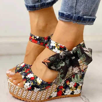 

Women Sandals Dot Bowknot Design Platform Wedge Female Casual High Increas Shoes Ladies Fashion Ankle Strap Open Toe Sandals