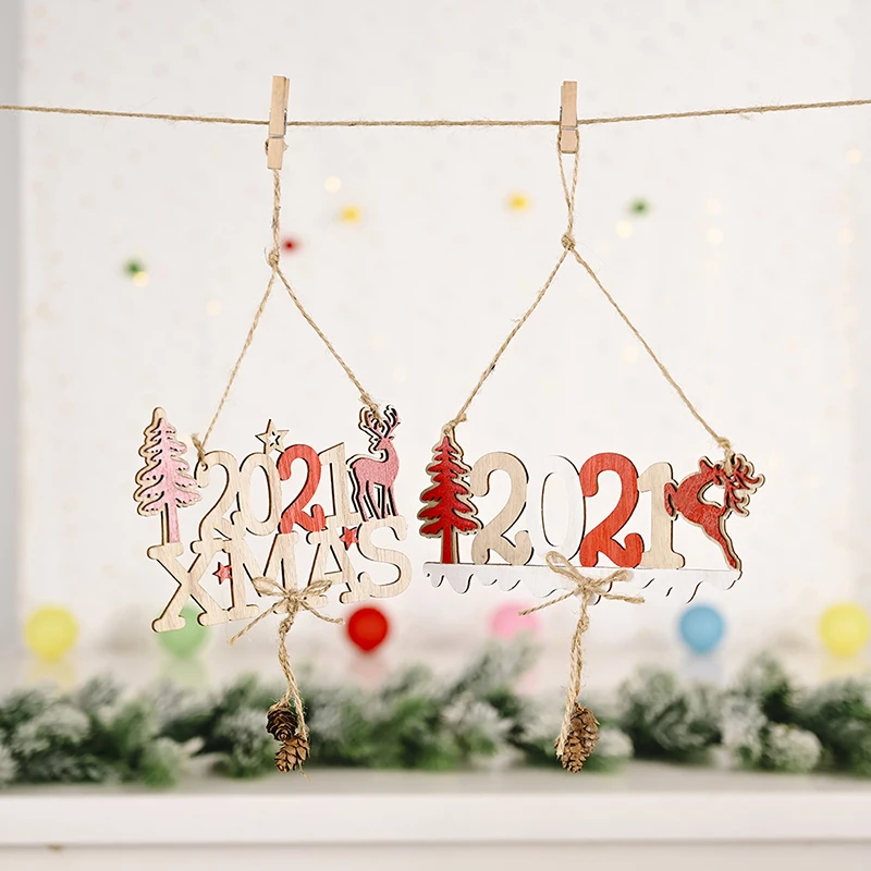 Надпись Merry Christmas 2021 рождественское лось дерево деревянная вывеска круглое елка