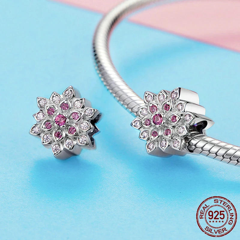 Модный браслет из стерлингового серебра 925 пробы с цветком лотоса и красными