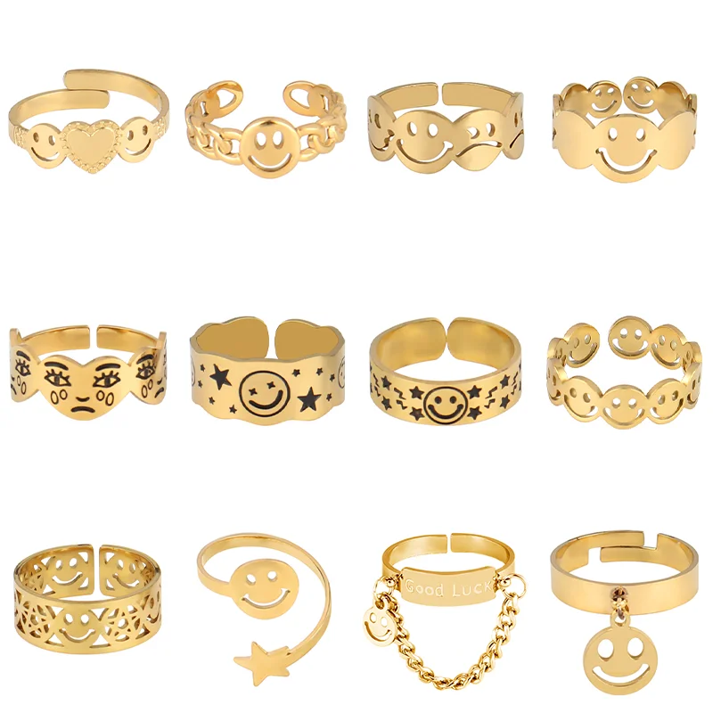 Stainless Steel Rings For Women Vintage Smile Face Ring Open Finger Geometric Gold Silver Color Adjustable Jewelry | Украшения и