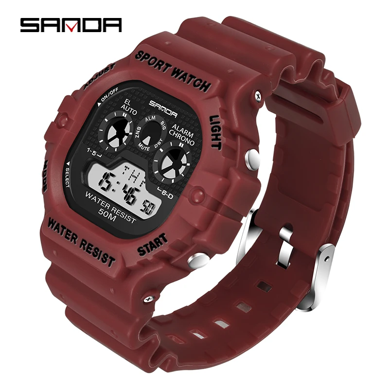 red Sanda Роскошные Брендовые мужские спортивные часы для дайвинга 50 м цифровые светодиодные армейские часы мужские модные повседневные электронные наручные часы Relojes - Цвет: red