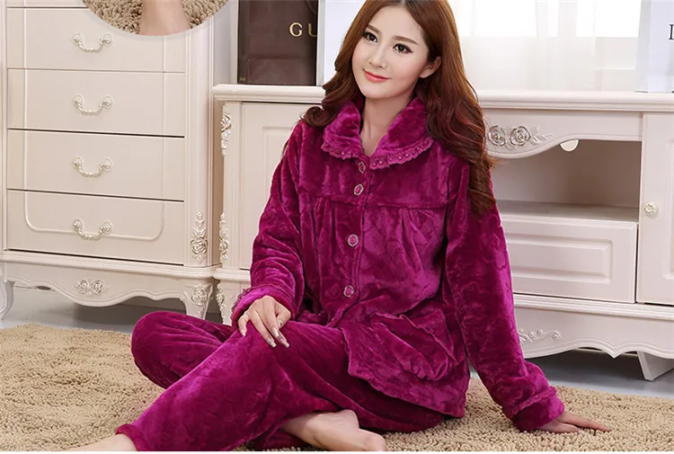 Autumn Winter Warm Flannel Women Pyjamas Sets Thick Coral Velvet Long Sleeve Cartoon Sleepwear Thin Flannel Pajamas Set for Girl