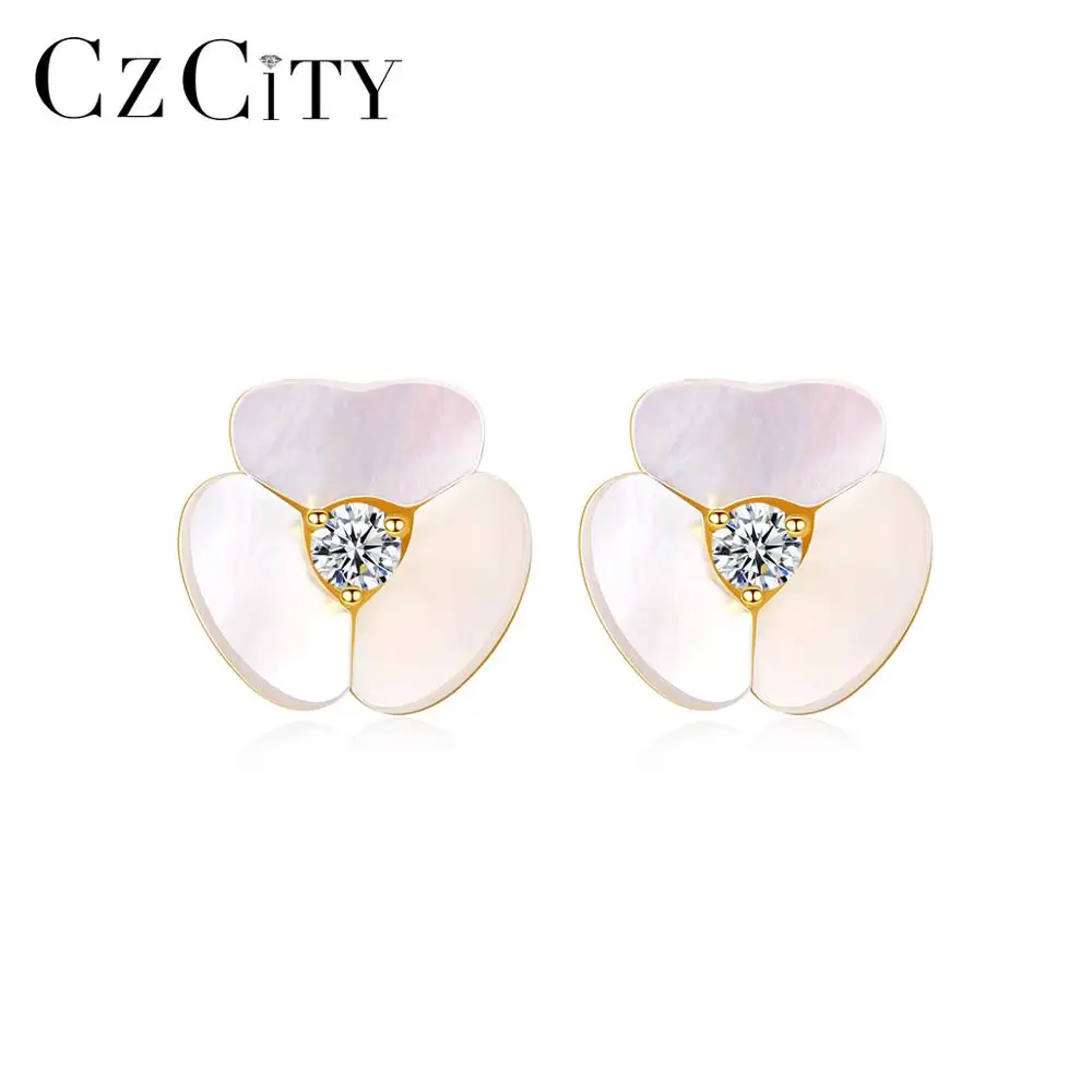 Orecchini a bottone con conchiglie naturali in argento sterling per donne e ragazze, con pietre trasparenti AAA CZ, fiori romantici, gioielleria raffinata_voghion.com