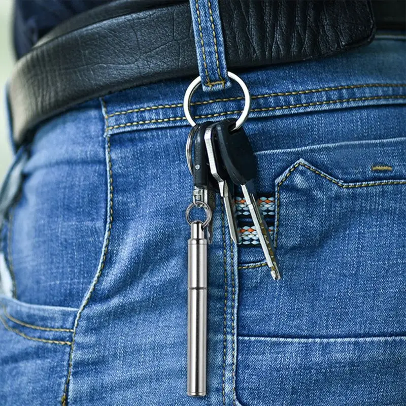 Ink Ballpoint Pen Portable Key Ring Stainless Steel Telescopic Ballpoint Pen Keychain Tool