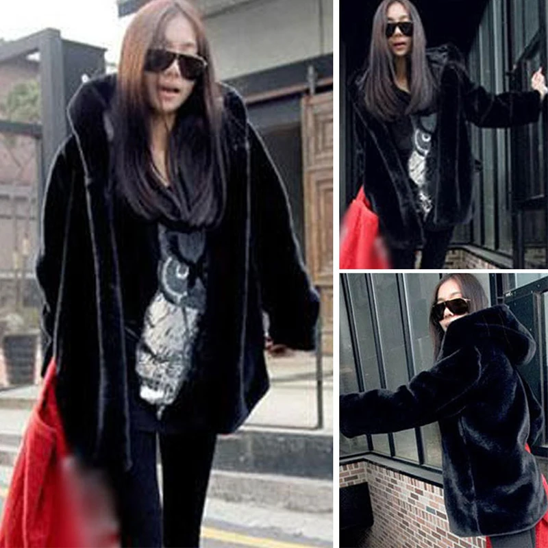Chaqueta de piel de imitación para mujer, Abrigo con capucha esponjosa y cálida, abrigo informal de manga larga, abrigos de felpa de piel de lujo, color negro