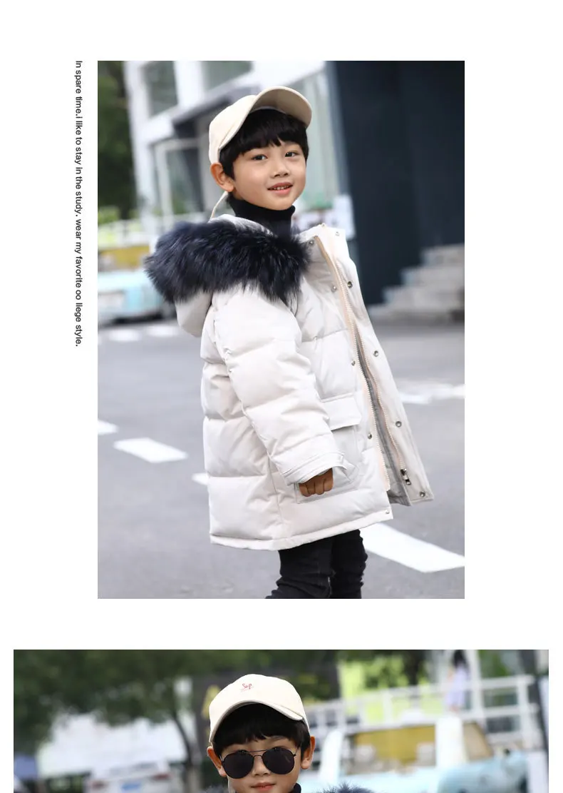 Детская зимняя куртка для маленьких мальчиков-30 градусов России одежда с капюшоном для мальчиков; куртки-пуховики на утином пуху Подростковое пальто Верхняя одежда Детская куртка-парка зимняя одежда