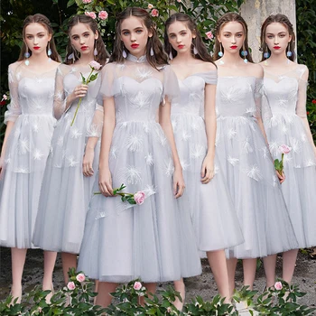 

Grey Bridesmaid Dresses Embroidery Lace Top Wedding Party Dress O-Neck Full Sleeve Formal Vestidos Tea-Length Elegant Gowns R058