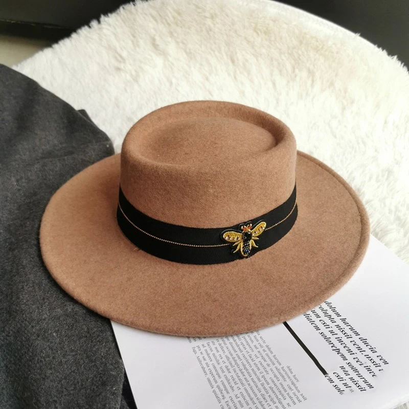 New Retro Wool Hat Bee Hat Straw Hat Shallow Top Fedora Hat Winter Men's Fedora Cap Womens Hat Felt Hat