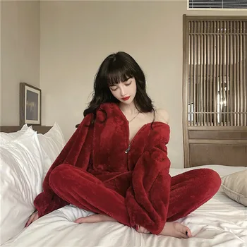 

Winter Pyjamas Women Sweet Plus Velvet Cotton Sleepwear Women Set Solid Cardigan Zipper Thicken Top Pant Two Piece Warm Pajamas
