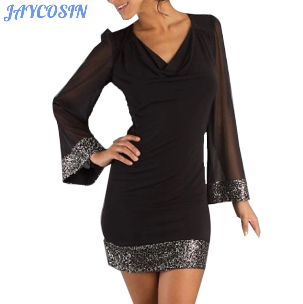 JAYCOSIN Clothes Women Dress Sexy V-Neck Sequined Long Sleeve Dress Summer Ladies Party Vintage Loose Dress Vestido