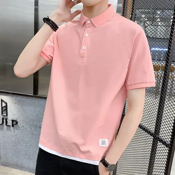 

Polo shirts with short sleeves in summer new pure color leisure loose stitching false two popular logo lapel youth