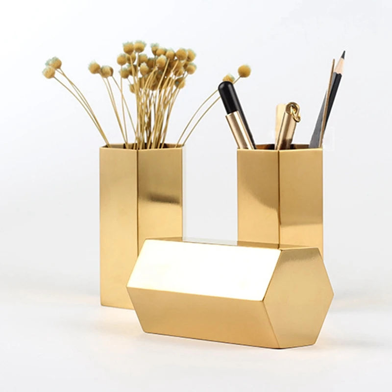 

HOT SALE Nordic Style Gold Vase Hexagonal Pen Tube Diamond Makeup Brush Storage Tube Home Desktop Decoration cheap