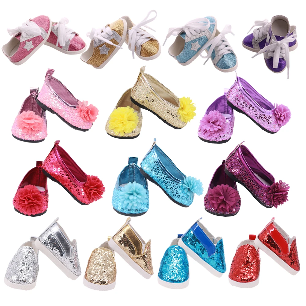 7Cm Doll Shoes Solid Color Sequin Shoes Five-Pointed Star Print For 18 Inch American &43Cm Reborn Baby Girl Our Generation Gift